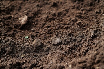 Close-up view of dark rich soil.  Small organic matter, like leaves, are dispersed throughout