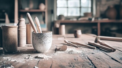Pottery tools and bowl on artisan workshop bench for handcrafted ceramic creative process background