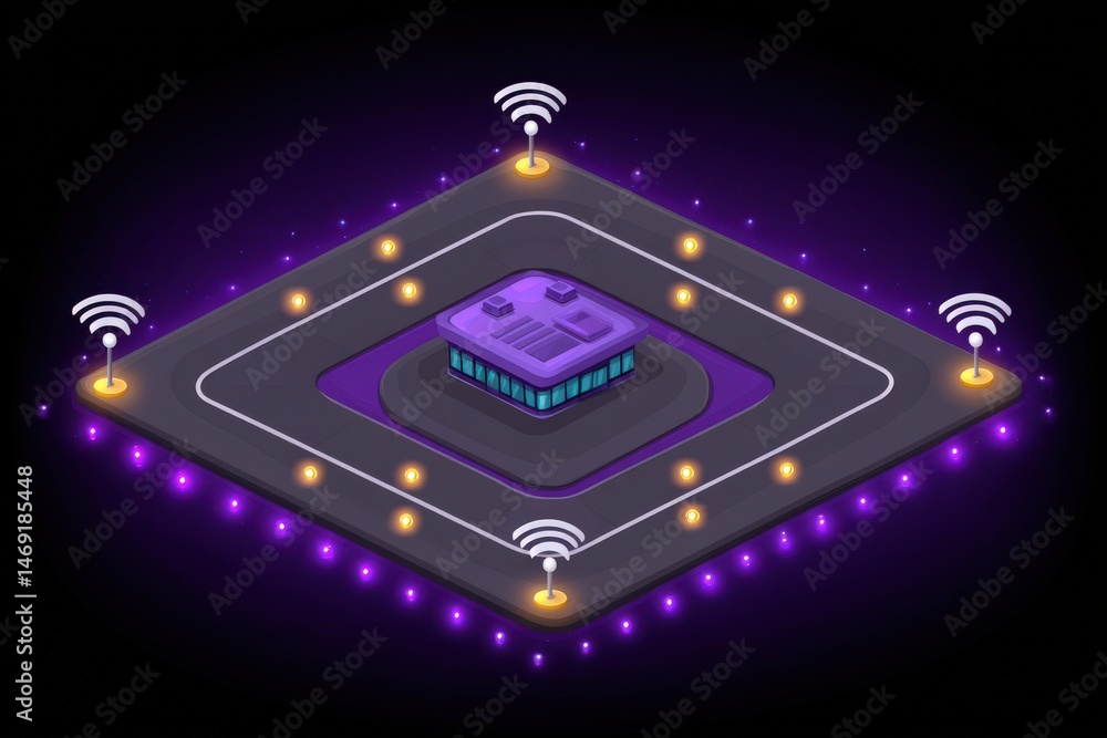 Poster modern digital infrastructure depicted in a vibrant isometric style showcasing a centralized hub sur
