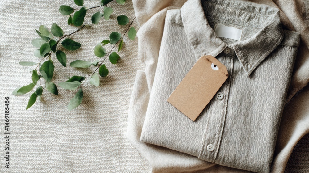 Poster folded shirt with tags on neutral fabric background showcasing minimalist style and textile texture 