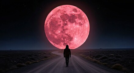 Silhouetted Traveler Walking Down a Winding Road Illuminated Only by the Pink Glow of a Massive Full Moon