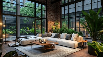 Fototapeta premium Modern Living Room, Rainy Day View