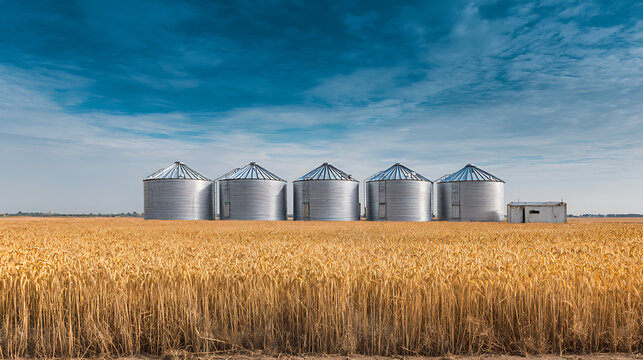Golden wheat field under a vast blue sky with a row of metallic grain silos showcasing agricultural harvest and rural landscape scenery.