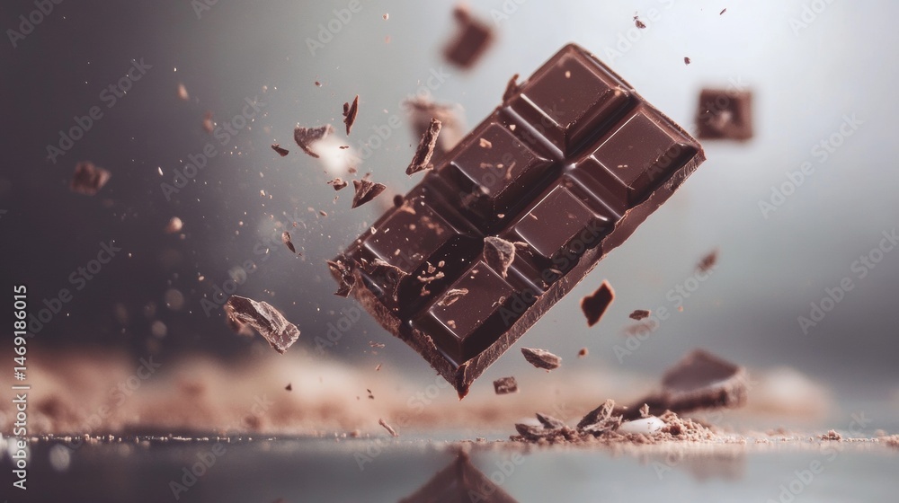 Aufkleber chocolate bar exploding into fragments floating in air against neutral studio background with precis