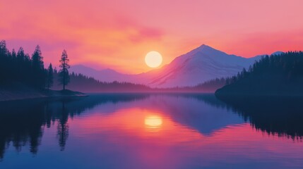 Obraz premium Pink Sunrise Reflection on Serene Lake with Mountains and Forest Scenery