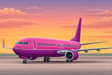 Fototapeta premium Brightly colored pink airplane on runway at sunset showcasing innovative aircraft design and travel possibilities while capturing a playful aviation style captured with clarity