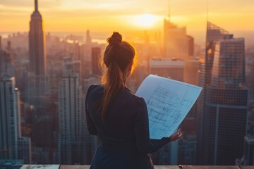 Architect studies blueprints against a sunrise cityscape; designing the future, overseeing construction, and ensuring safety standards.