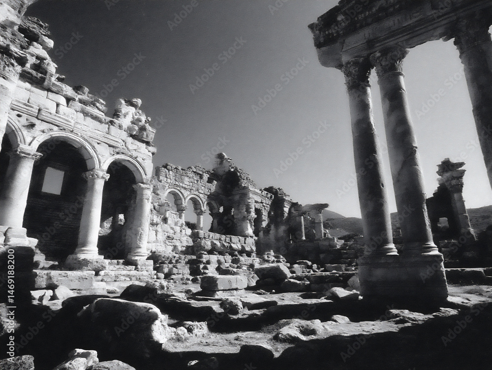 Poster an abstract black and white photograph emphasizing the geometric shapes of the ruined columns agains