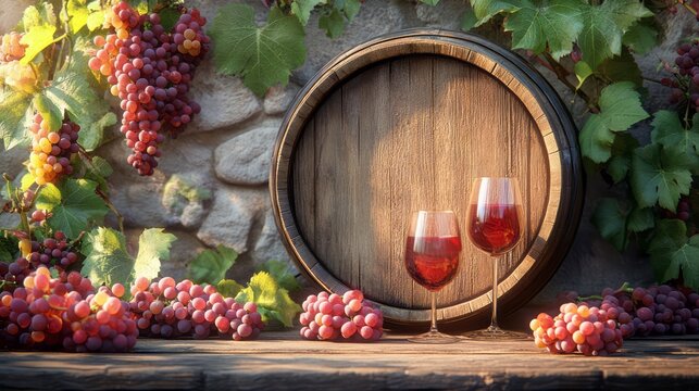 Rustic wine barrel with grapes and glasses of red wine.