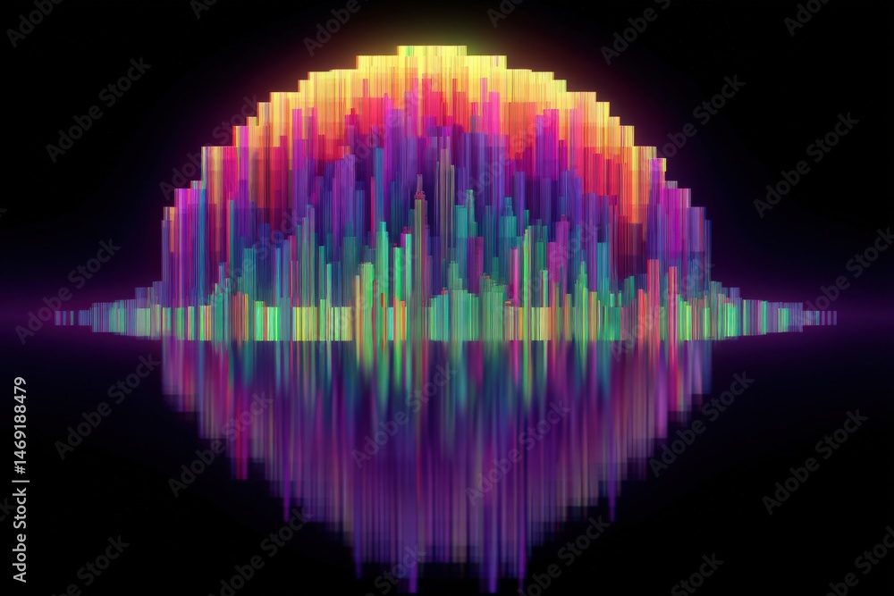 Poster vibrant abstract sound wave visualization reflecting colors in a digital spectrum with a harmonious 