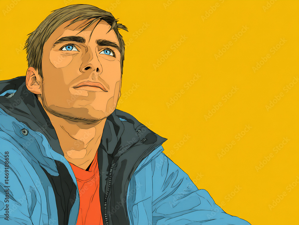 Poster a minimalist digital illustration of the same young man using simple lines and flat colors against a