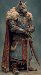 Wolf warrior in ornate medieval armor holding a sword against muted background.