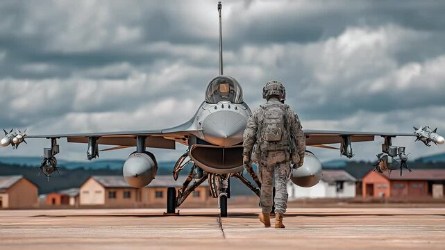 Military personnel approaches a fighter jet on an airbase under a dramatic sky, showcasing readiness for flight operations