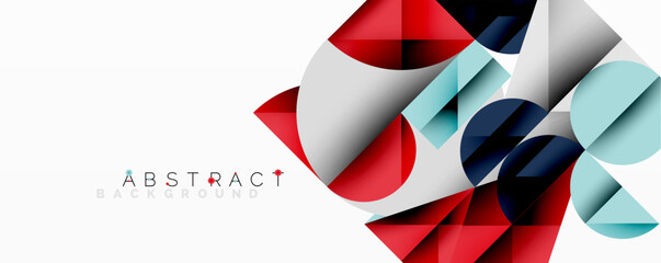 Fototapeta premium Geometric shapes overlap, creating vibrant abstract composition. Red, blue, white dominate design. Modern aesthetic.
