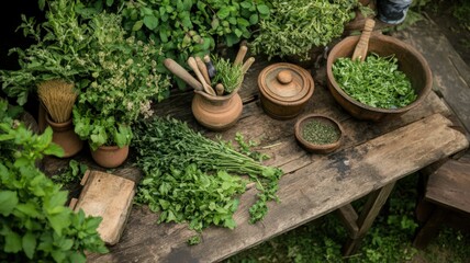 Abundance of Fresh Green Herbs in Wooden Bowls on a Weathered Table Surrounded by Lush Greenery Displayed in Natural Light