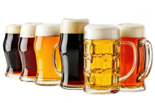 Mugs of assorted beer varieties on white background on transparent background