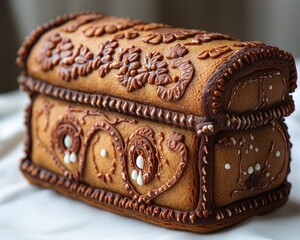 Ornate gingerbread chest. Detailed icing designs resembling a treasure chest