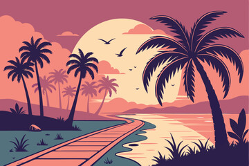 46 palm trees, sunset, reflection, tropical, paradise, serene, reflective surface, long walkway, atmospheric, vibrant colors, cinematic, digital art