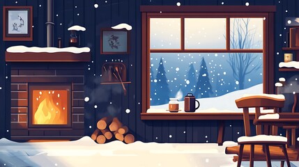 Cozy snowy cabin winter scene.