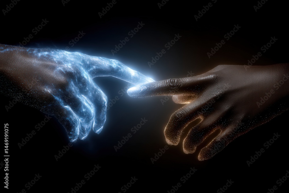 Aufkleber ethereal hands reaching toward each other representing connection and innovation in a cosmic illumin