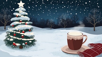 Snowy Night with Christmas Tree, and Hot Drink.