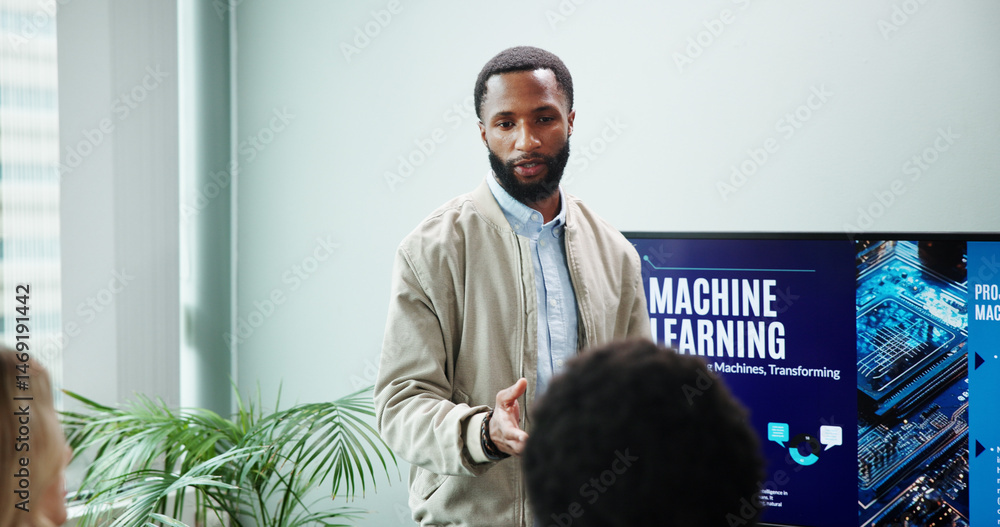 Poster business man, talking and machine learning presentation for new innovation, idea and ai product prom