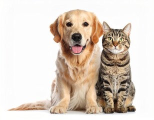 Dog and cat friendship portrait over white background