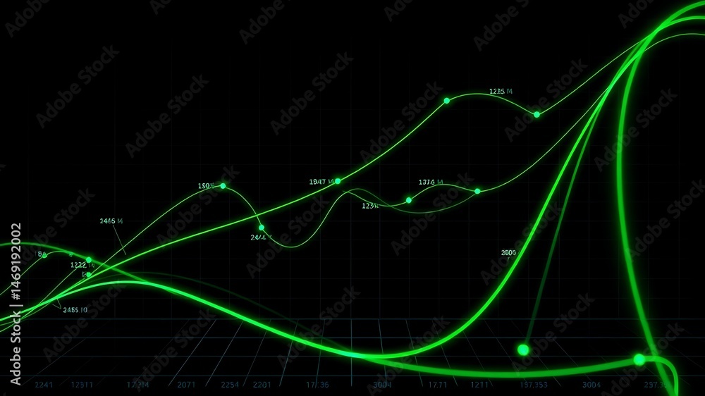 Poster abstract fluorescent green lines representing financial data analytics against a dark background