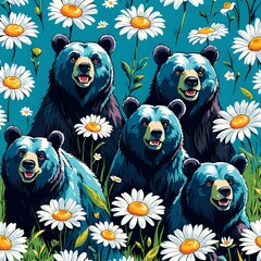 Vector illustration of a playful family of bears in a field of daisies, with a bright blue sky and fluffy white clouds above them.