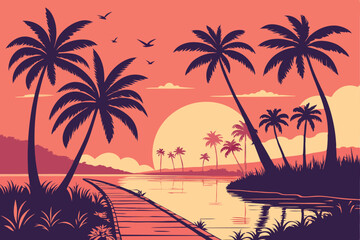 Fototapeta premium 46 palm trees, sunset, reflection, tropical, paradise, serene, reflective surface, long walkway, atmospheric, vibrant colors, cinematic, digital art
