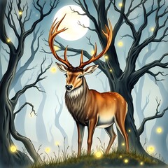 The illustration depicts a majestic deer with spreading horns standing in the middle of a magical night forest.