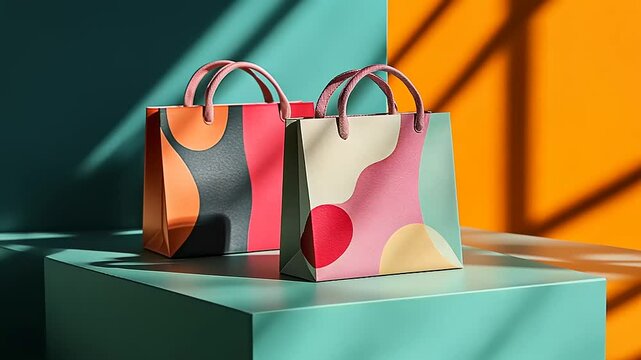 Two stylish, colorful shopping bags on a vibrant geometric display with shadows