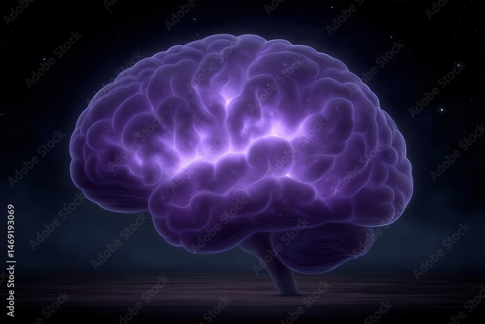 Poster ethereal purple brain glowing brightly with intricate neural pathways illustrated against a starry n