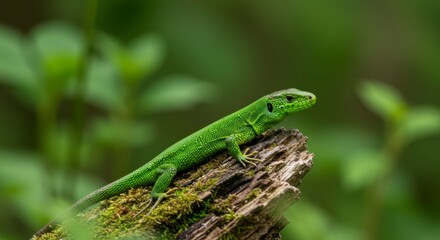 Fototapeta premium Green lizard on a mossy log