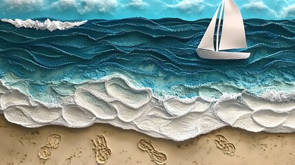 Sailboat with Ocean, Beach, and Footprints.