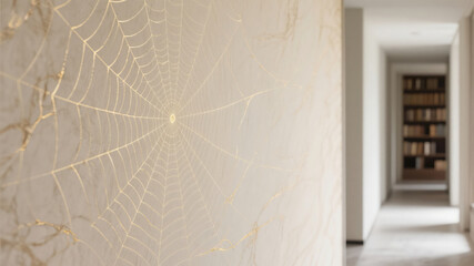 Obraz premium Elegant gold spider web design decorating a wall within a modern interior setting