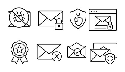 Email security outline icons set – linear, safe communication, data protection symbols
