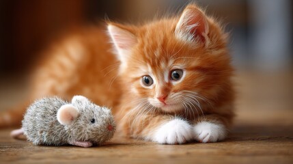 Adorable Red Kitten Playing with Toy Mouse in Cute and Fun Moment