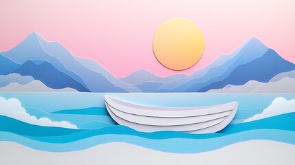 Paper Boat Sunset Seascape.