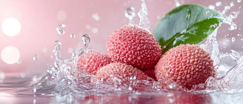 Fresh lychees splashing in water droplets.