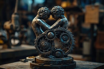 Fototapeta premium Sculpted figures embrace above intertwined gears, embodying connection and the machinery of human relations in a moody, industrial setting.
