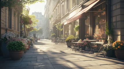 Parisian street cafe at dawn; peaceful, sunny morning