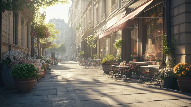 Parisian street cafe at dawn; peaceful, sunny morning