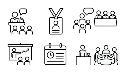Business and conference outline icons set – flat, silhouette, meeting symbols