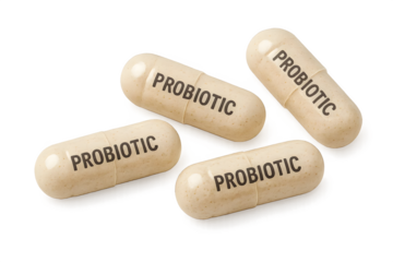 Four capsules labeled PROBIOTIC with a light beige color. Concept Probiotic Capsules, Light Beige Color, Dietary Supplements, Digestive Health Benefits