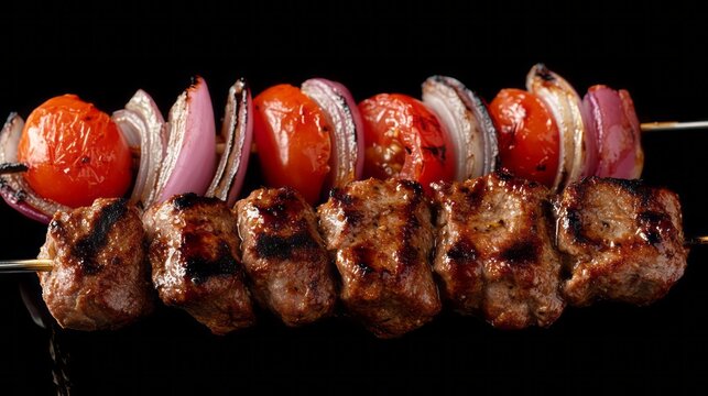 Grilled skewers of meat, onions, and cherry tomatoes.