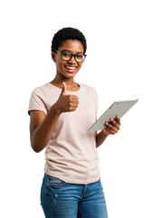 Fototapeta na wymiar Smiling young woman holding tablet isolated on transparent png