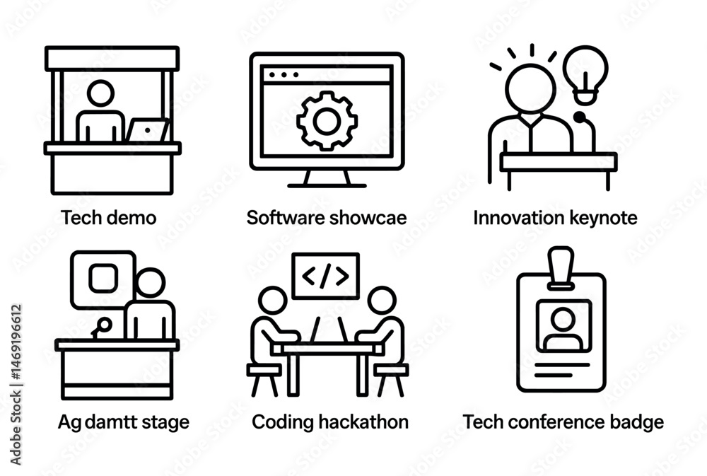 Poster tech and innovation line icons set – coding, demo, innovation symbols