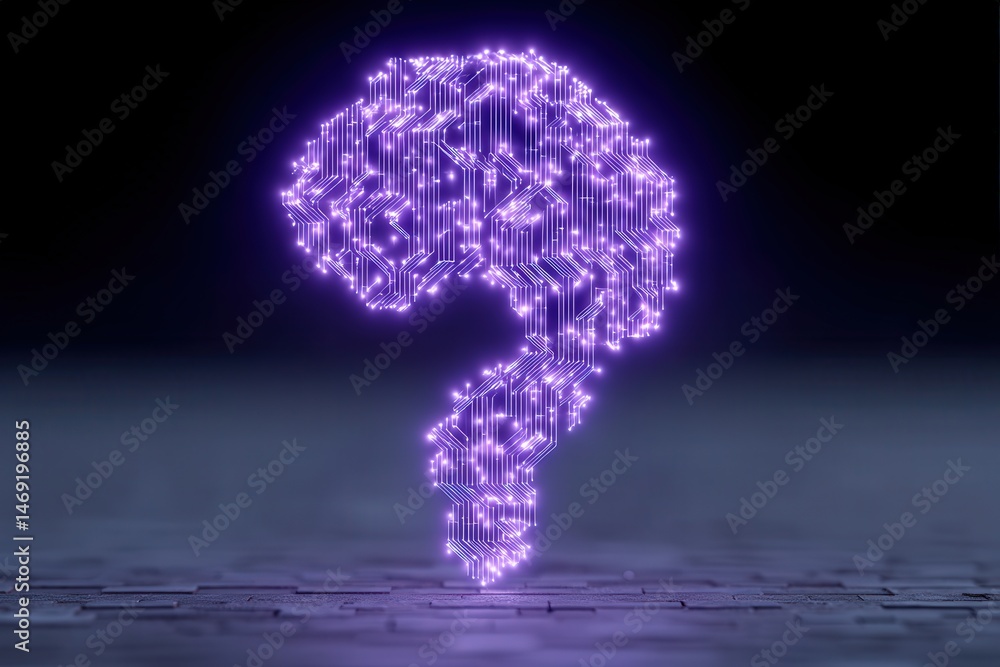 Poster innovative illustration of a digital brain shaped question mark illuminated in vibrant purple tones 