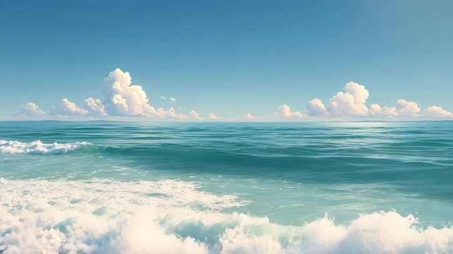 an image capturing the vast beauty of the ocean, waves crashing in foreground, clouds float across the sky